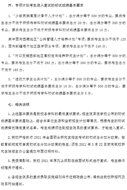 2021考研34所自主劃線分數線：復旦大學2021年碩士研究生招生考試考生進入復試的初試成績基本要求